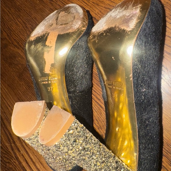 Miu Miu Black and Gold Women's Heels - Picture 10 of 11